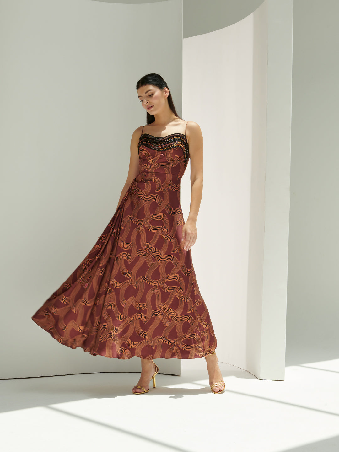 french silk dress Waves Embroidery French Silk Print Dress