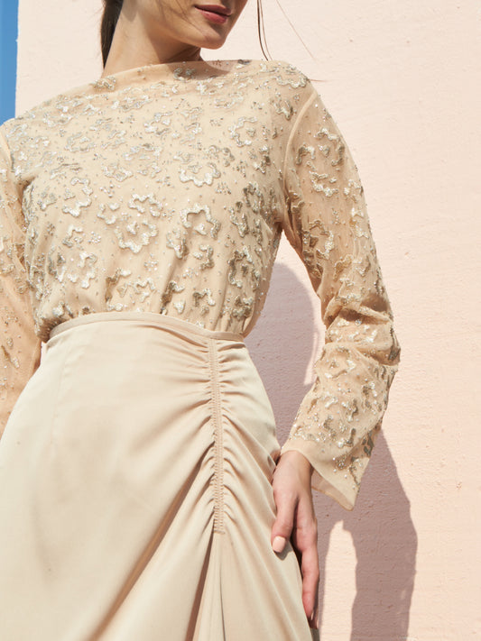 Metallic Tulle Embroidery Top and Skirt Set