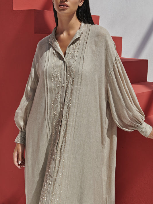 Silk Linen Shirt Dress With Pearls