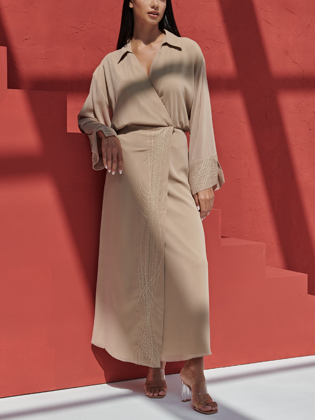 Chiffon Wrap Dress With Pearls