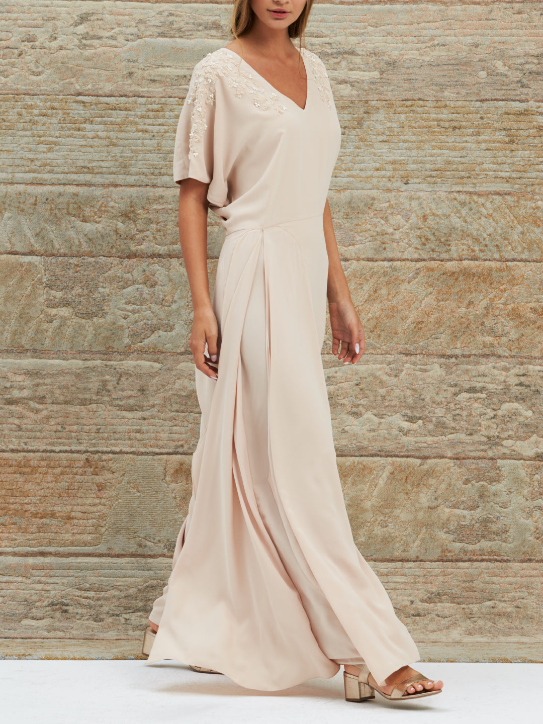 Beige Dress with Pearl Embroidery