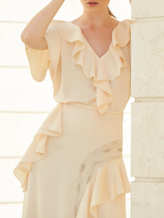 Cream Ruffle Top and Skirt Set