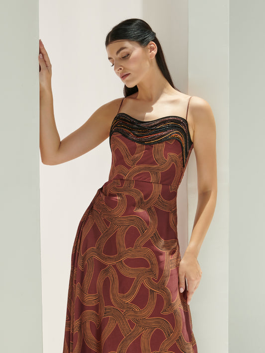 Waves Embroidery French Silk Print Dress