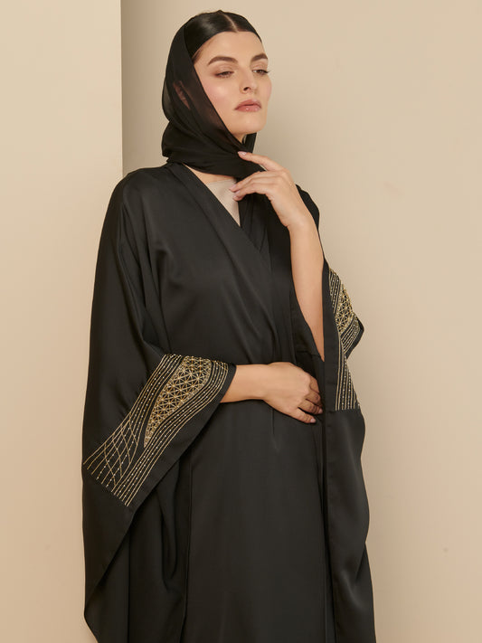 Black Silk Abaya with Golden Threads Embroidery