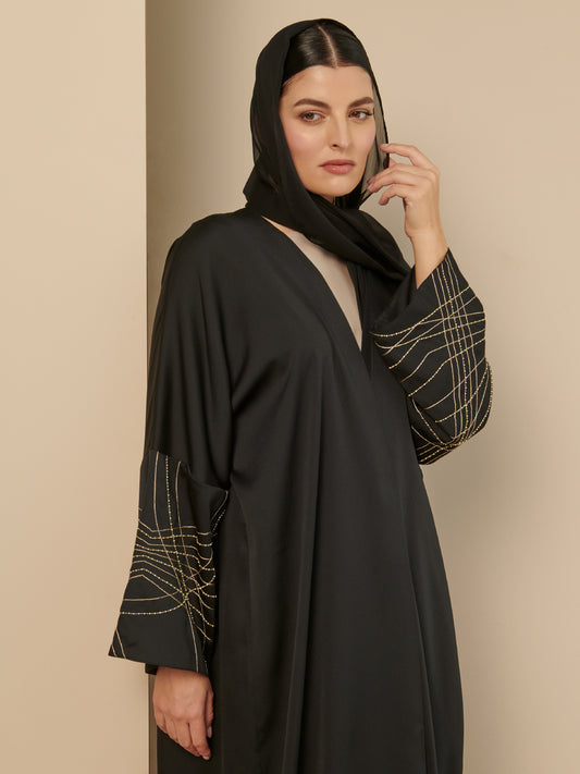 Black Silk Abaya with Golden Lines Embroidery