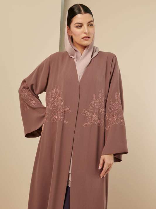 Taupe Abaya with Flower Embroidery