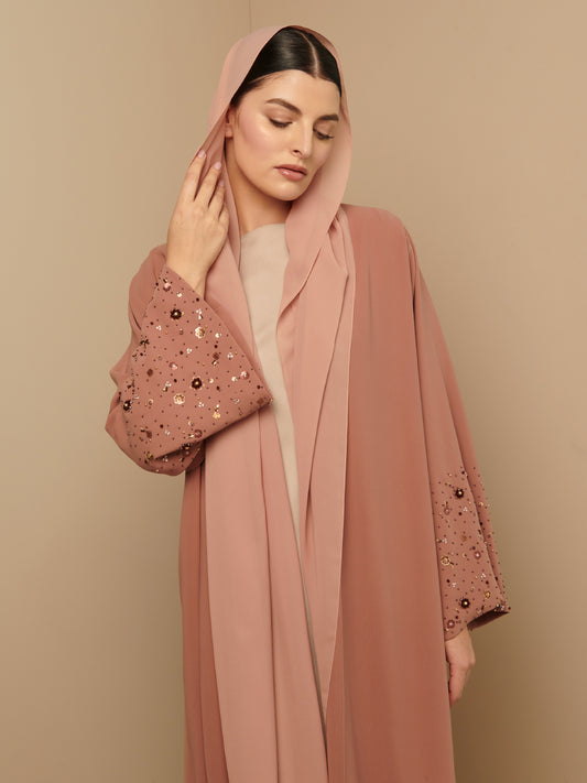 Peach Bloom Sleeves Embroidery Abaya