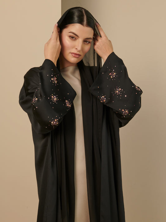 Black Silk Abaya with Metallic Threads Embroidery