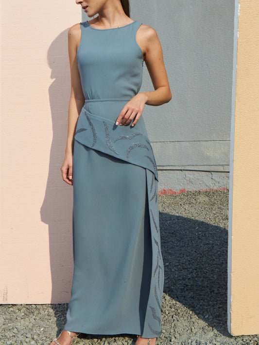 Grey Blue Sleeveless Top and Skirt Set